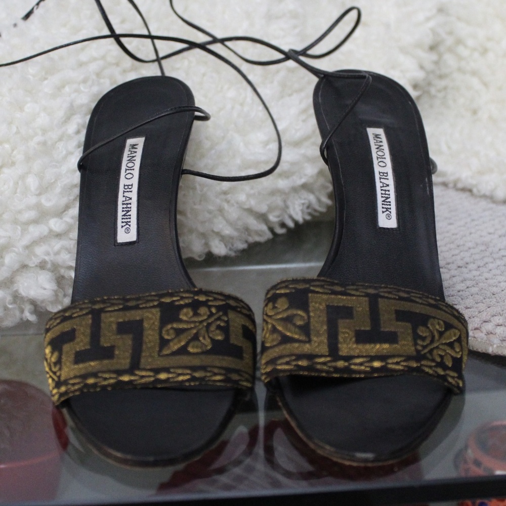 Manolo Blahnik black/gold pattern with black strap